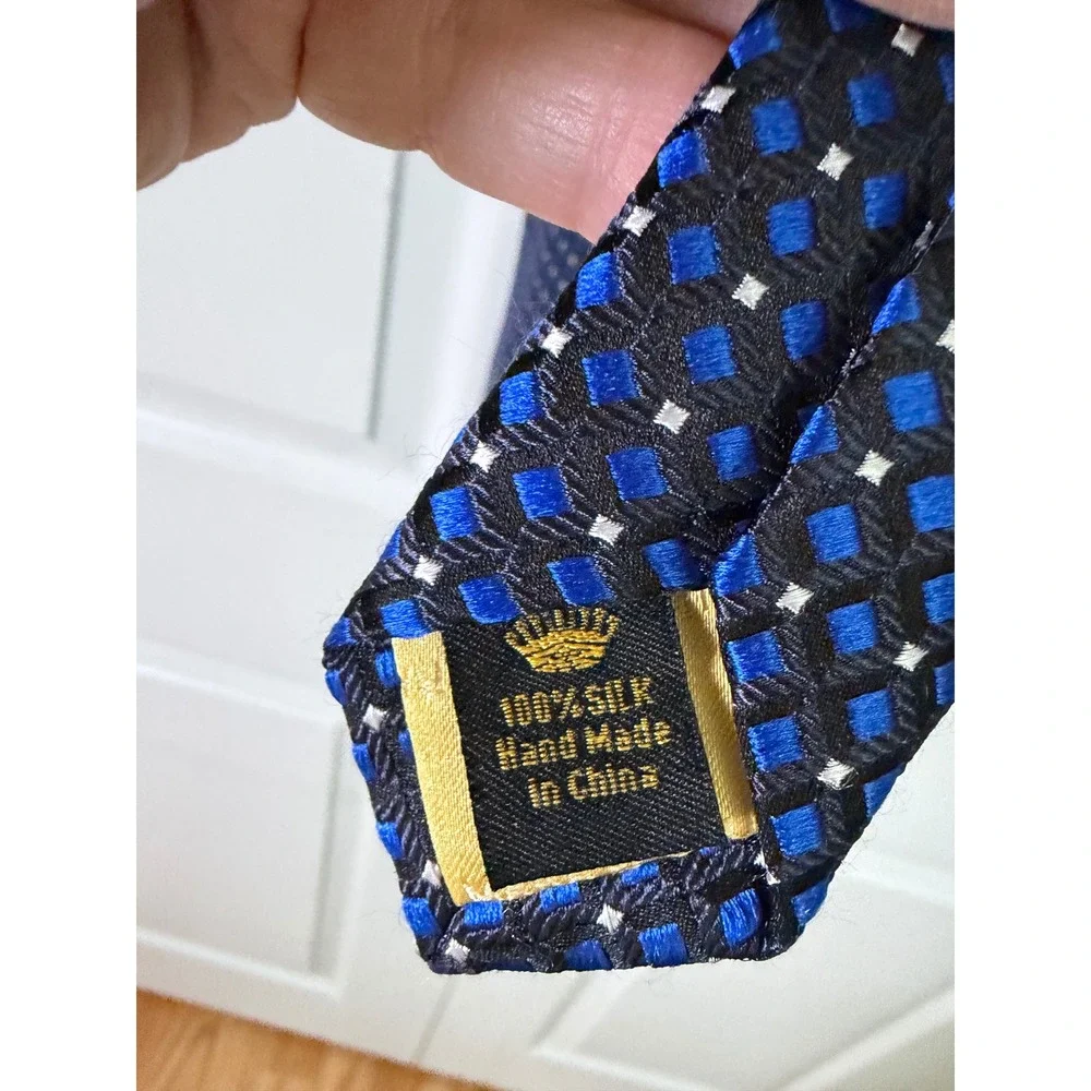 Countess Mara Mens Blue‎ Black Geometric Diamond Silk Tie Hand Made Classic Tie